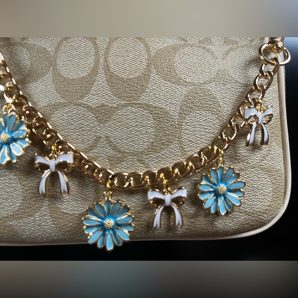 Bag Charm Chain in Gold Tone with Blue Flowers and White Bow Ties - Picture 2 of 4